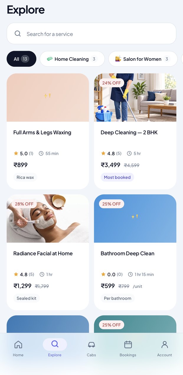 Homse app explore screen listing services with prices