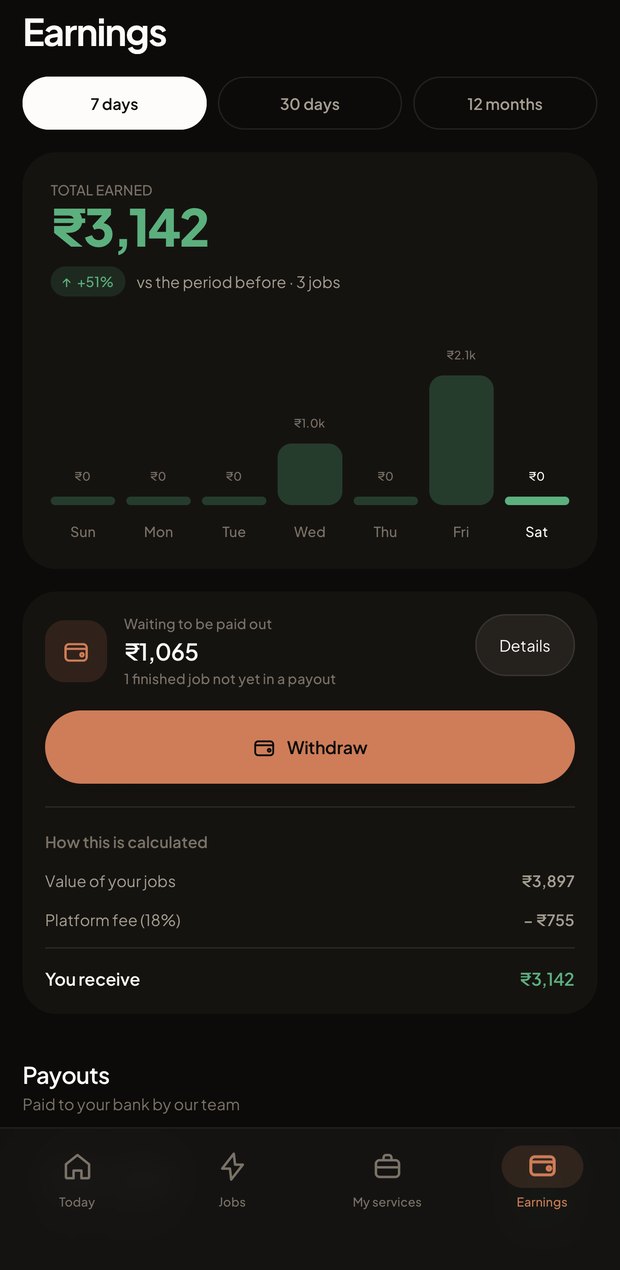 Homse pro app: Earnings screen with weekly chart and withdraw button