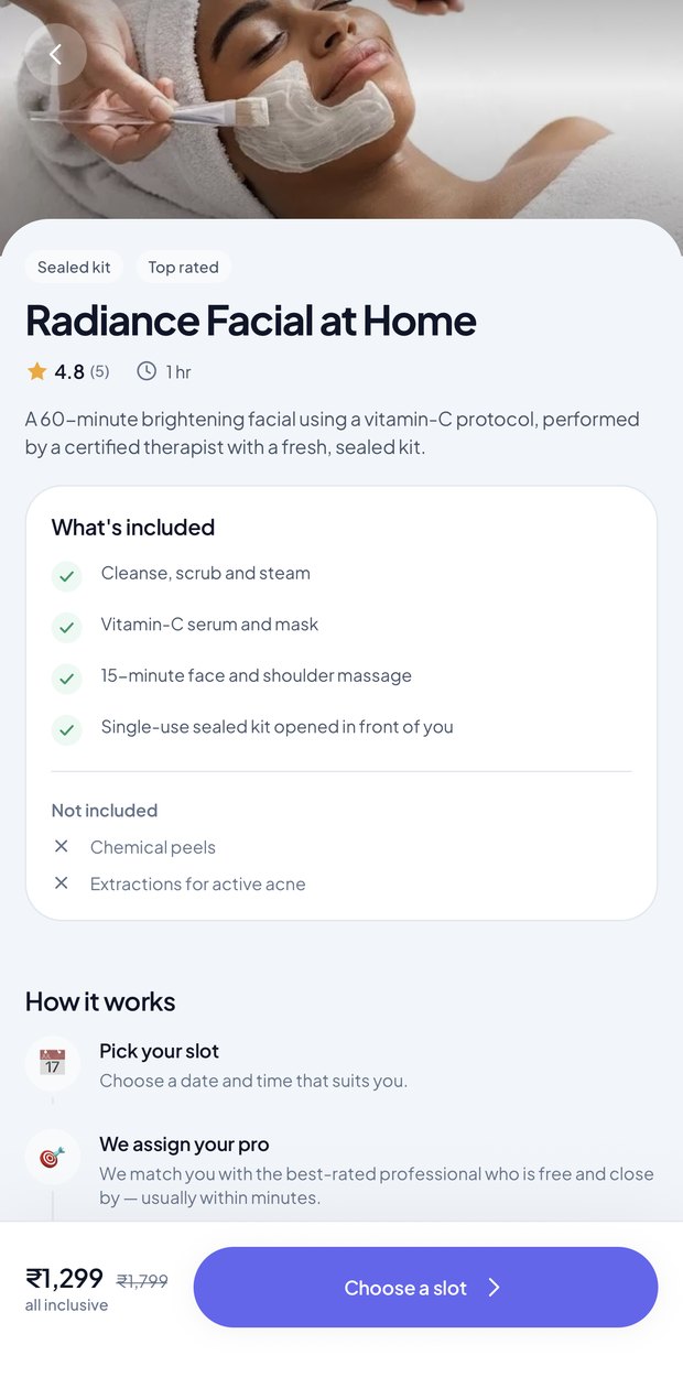 Homse app service page for Radiance Facial at Home, showing what is included