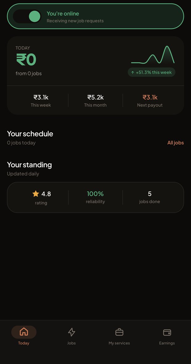 Homse pro app: Today screen with online switch and earnings