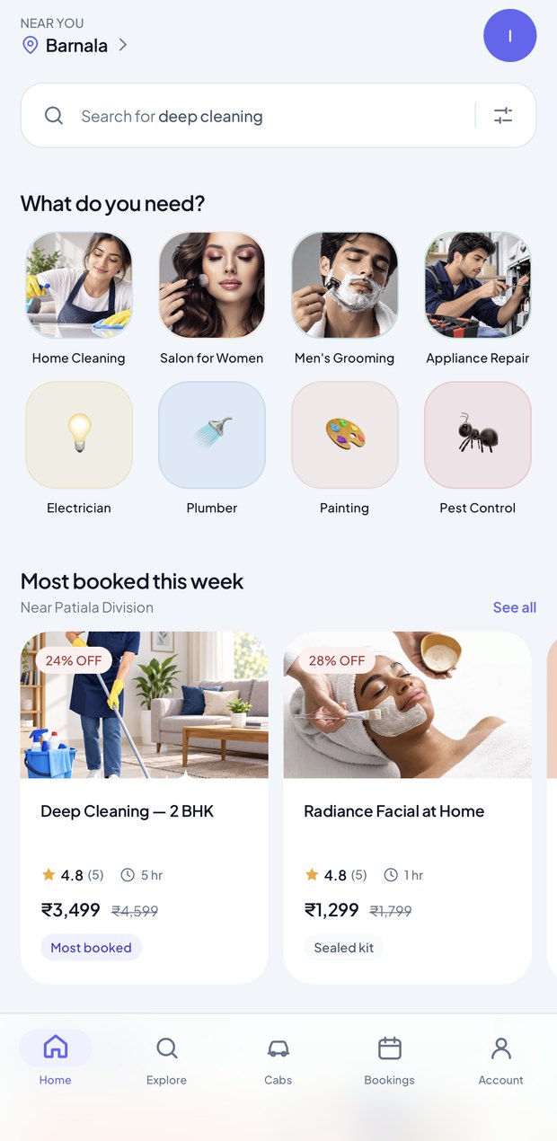 Homse app home screen showing service categories and most booked services