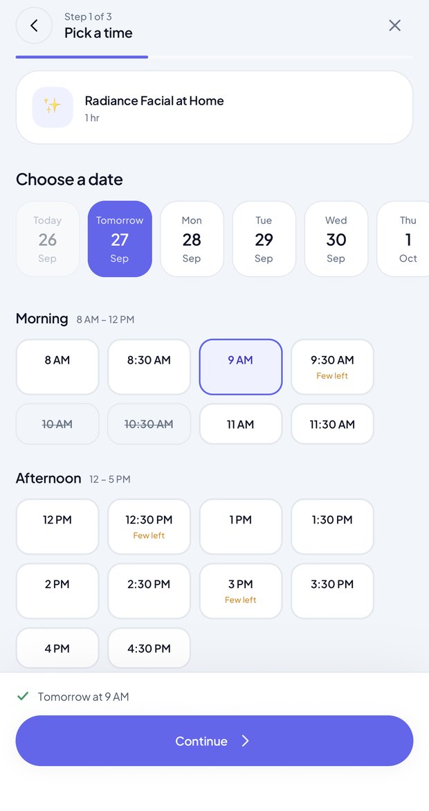 Homse app slot picker with dates and time slots